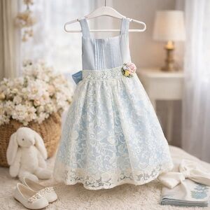 Laura Ashley Girls 3T Blue Cotton White Lace Overlay Dress Sash & Floral Waist